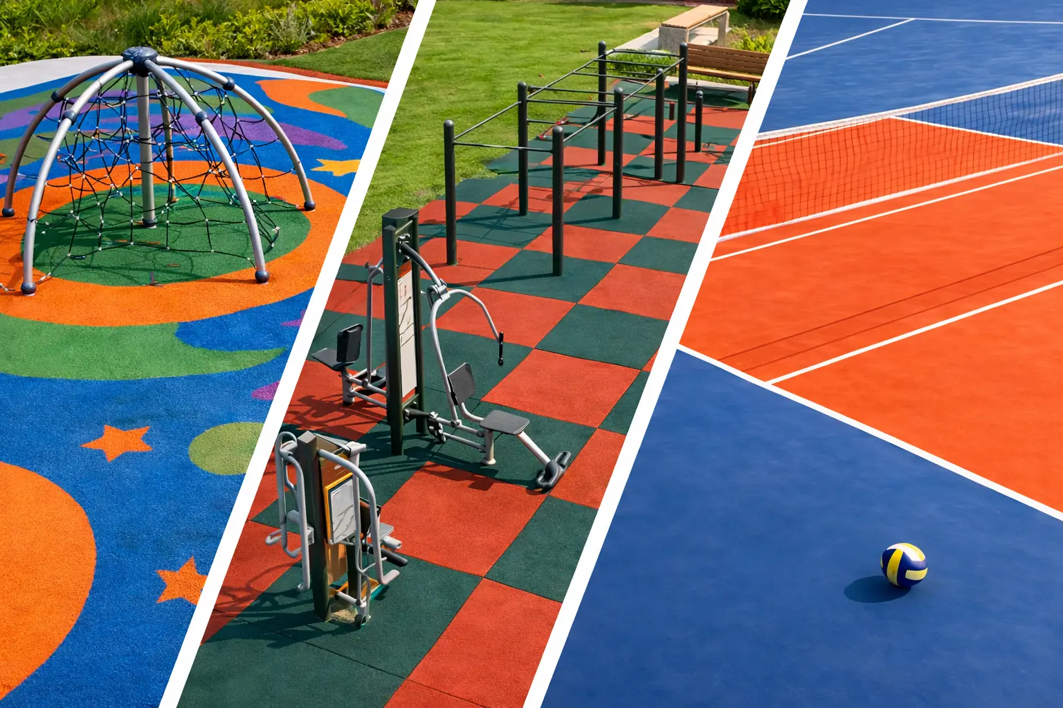 Oyun parkı ve açık spor alanı için tamamlanmış kauçuk zemin uygulaması